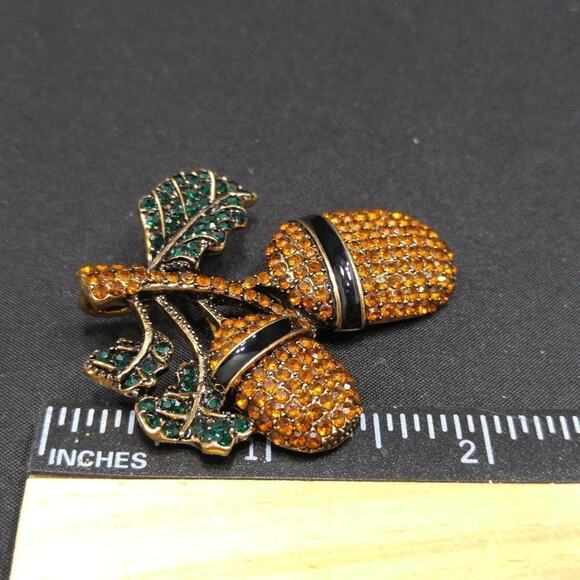 Vintage Acorn Rhinestone & Enamel Brooch, Black Green Rhinestones, 1990s, 2 In. - Picture 5 of 6